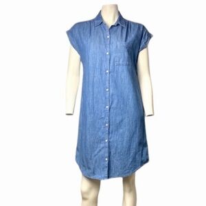 Old Navy Chambray Cuffed Cap-Sleeve Shirt Dress Medium Wash Blue Sz Small Petite